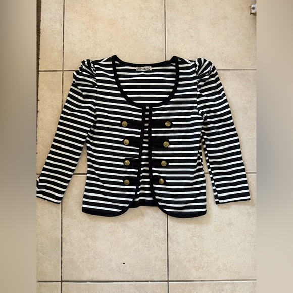 Black+ White Striped Cropped Nautical Jacket with Scoop Neck + Shoulder Detail - Picture 2 of 4
